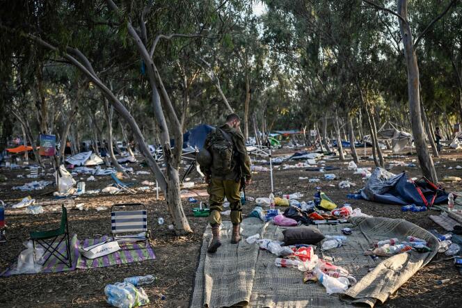 Sur les lieux du festival Tribe of Nova, où 270 participants ont été tués par des membres du Hamas, le 7 octobre 2023, près du kibboutz de Beeri (Israël), le 23 octobre 2023.