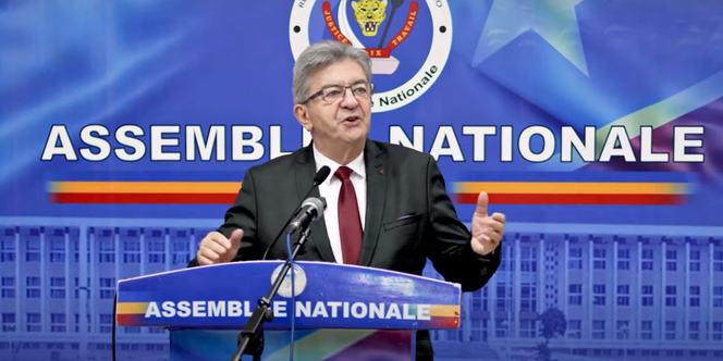 Jean-Luc Melenchon addresses members of the Congolese National Assembly in Kinshasa on October 26, 2023.