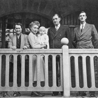 DGL161913 The De Gaulle Family at Morgat, near Crozon, Finistere, 1950 (b/w photo) by French School, (20th century); Archives de Gaulle, Paris, France; (add.info.: General Charles de Gaulle and Yvonne de Gaulle; their son Admiral Philippe de Gaulle and Henrietta de Gaulle with their newborn son, Charles;); French,  it is possible that some works by this artist may be protected by third party rights in some territories.