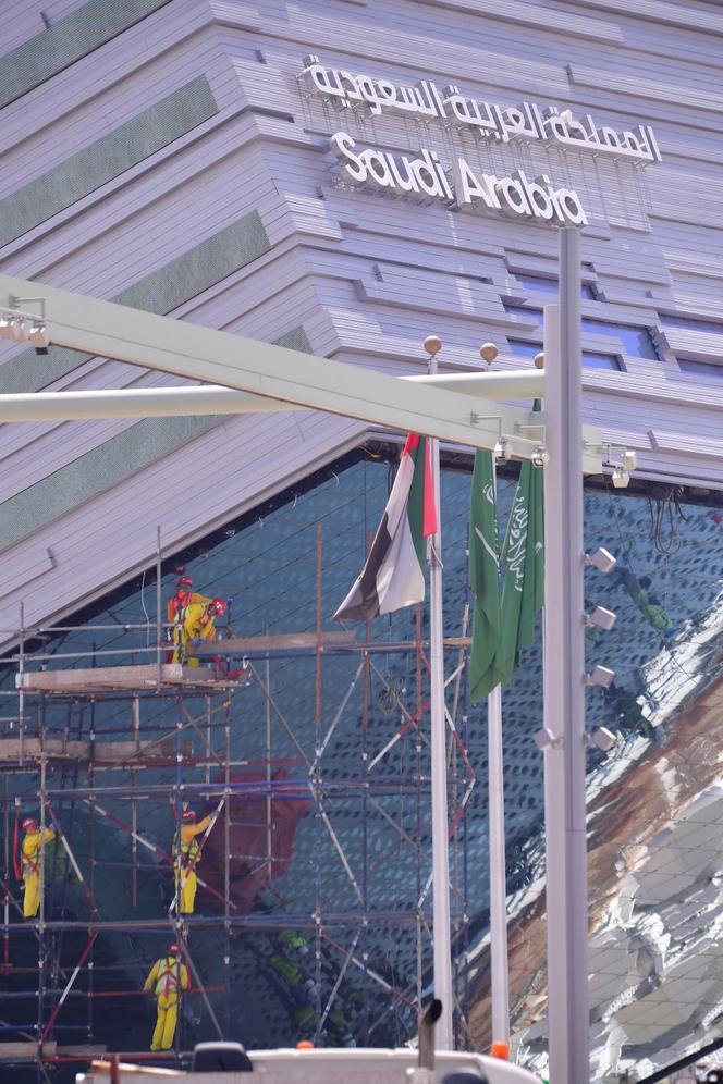Workers are pictured inside the Saudi pavilion at the Dubai Expo 2020 site, under construction in the Emirati city, on June 14, 2020. 