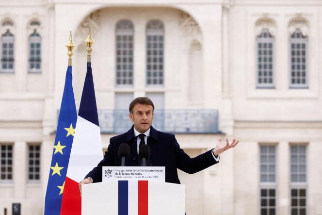 Emmanuel Macron à la Cité internationale de la langue française, à Villers-Cotterêts (Aisne), le 30 octobre 2023.
