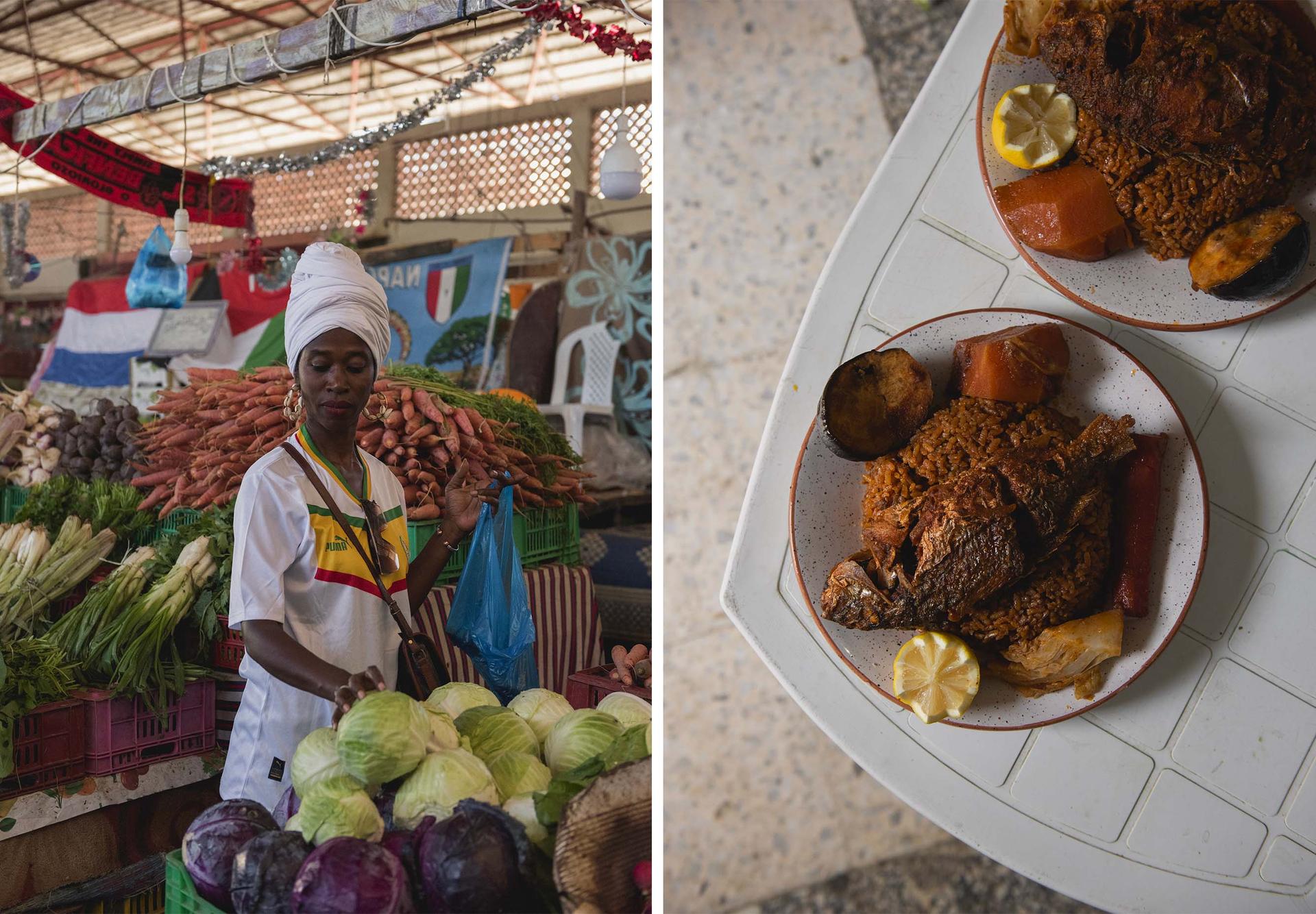 Pouye selects the ingredients for a thieb (right), a dish from her native Senegal, at a market in Tunis's Cité Tahrir, October 18, 2023.