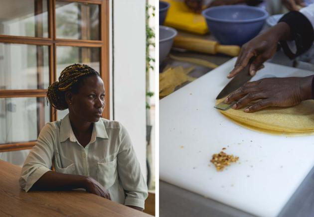 Left: Côte d'Ivoire-born Nathalie, a former Ftartchi? trainee, on October 17, 2023, in a restaurant in the northern suburbs of Tunis, where she is employed. Right: Preparing "samsa" as part of the Ftartchi? training program, in Marsa, a suburb of Tunis.