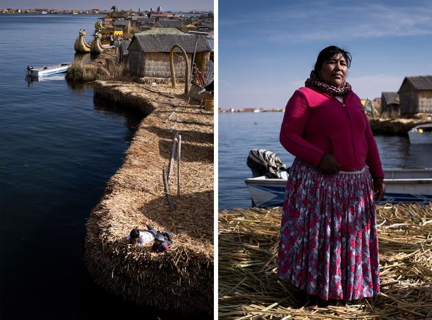 Left: Los Uros, the floating islands of Lake Titicaca made of 'totoras' (reeds). Right: Iovana Porcela, a Los Uros community leader, in Los Uros, Peru, October 14, 2023.