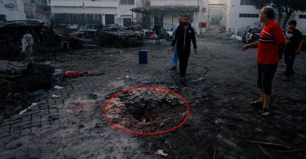 A crater less than a meter in diameter after the explosion at Al-Ahli Hospital, October 17, 2023.