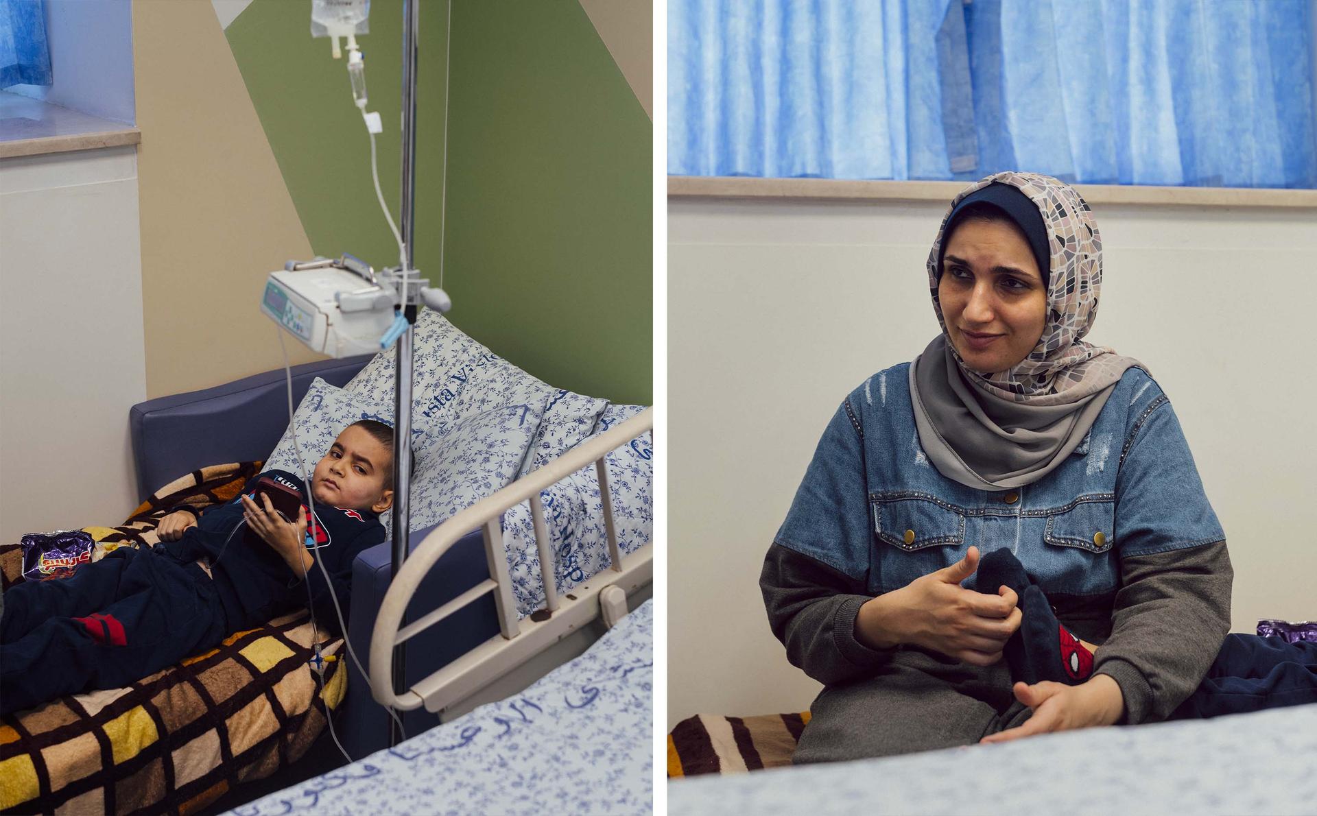 Oum Ali al-Jenineh and her son Ali (left) are both Gazans. In the pediatric oncology unit of Jerusalem's Augusta Victoria Hospital, where Ali receives treatment, on October 30, 2023.