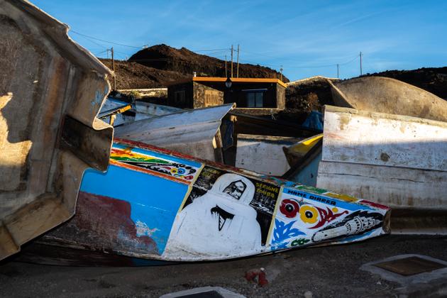 "Cayucos", pirogues from Africa, on the beach of La Restinga, on the island of El Hierro (Canary Islands), in October 2023.