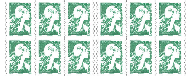 « Marianne » dessinée par Olivier Balez et gravée par Pierre Bara. Tarif de la « Lettre verte ». Carnet de douze timbres.