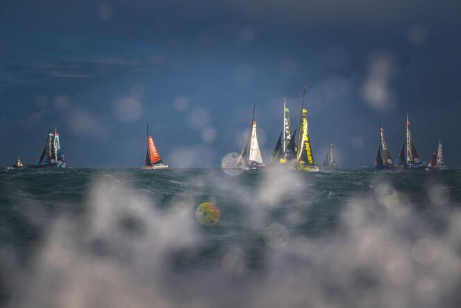 The Imoca monohulls take the start of the 16th Transat Jacques Vabre, in Le Havre on November 7, 2023.