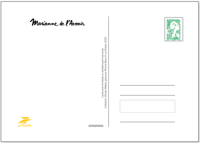 Carte postale pré-timbrée avec la « Marianne de l’avenir ».