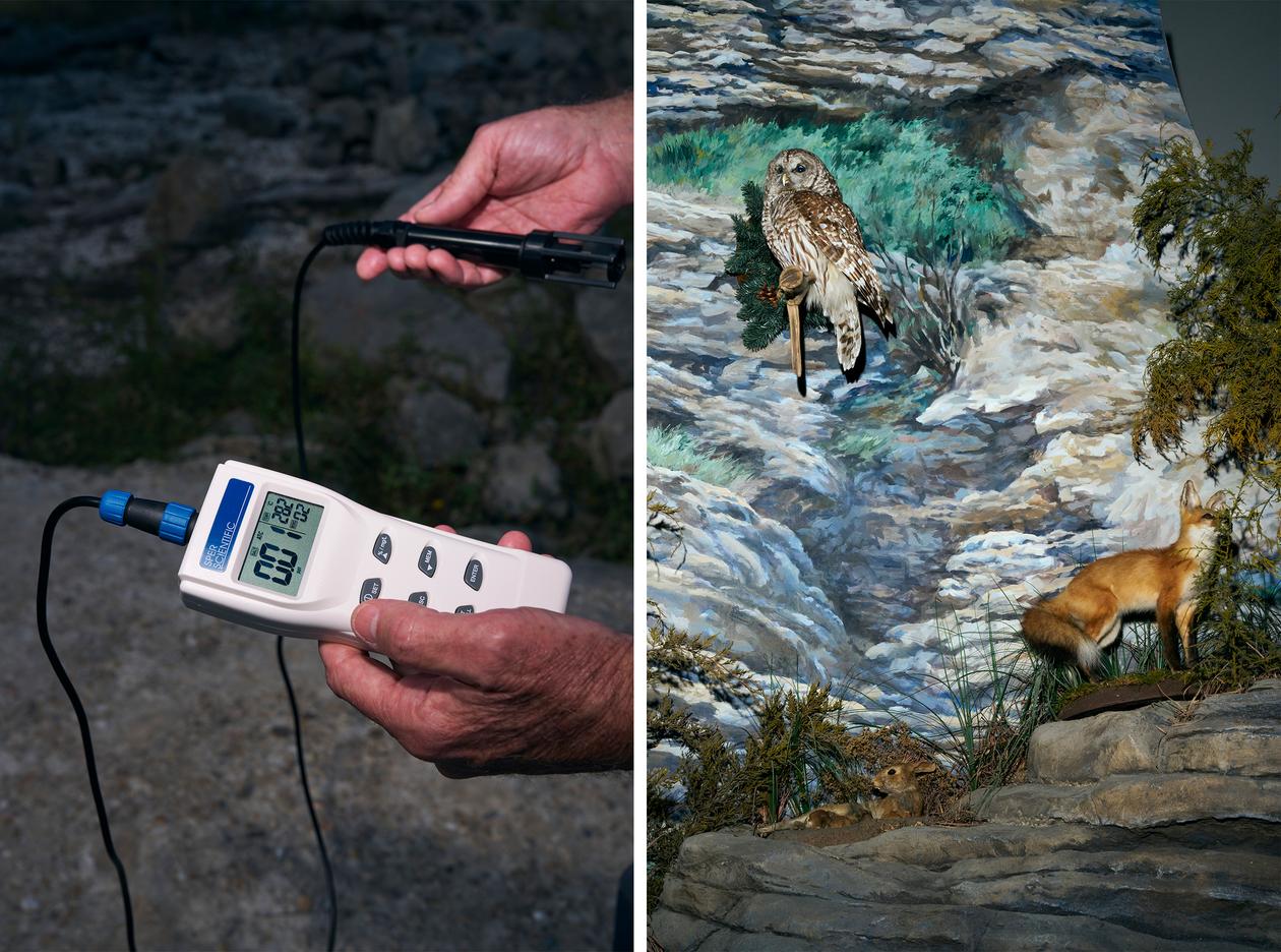 Ricky Saxon teste la salinité de l’eau le long du fleuve Mississippi, le 27 octobre 2023. A droite : une exposition au barrage de Melvin Price, à Alton (Illinois).