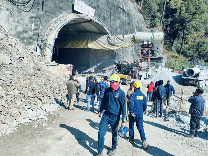 In front of the tunnel entrance where 40 workers were trapped, Sunday November 12, 2023.