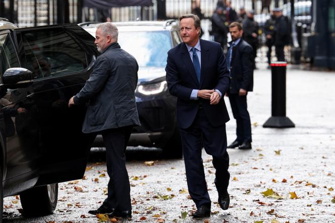 Former British Prime Minister David Cameron outside 10 Downing Street in London, November 13, 2023. 