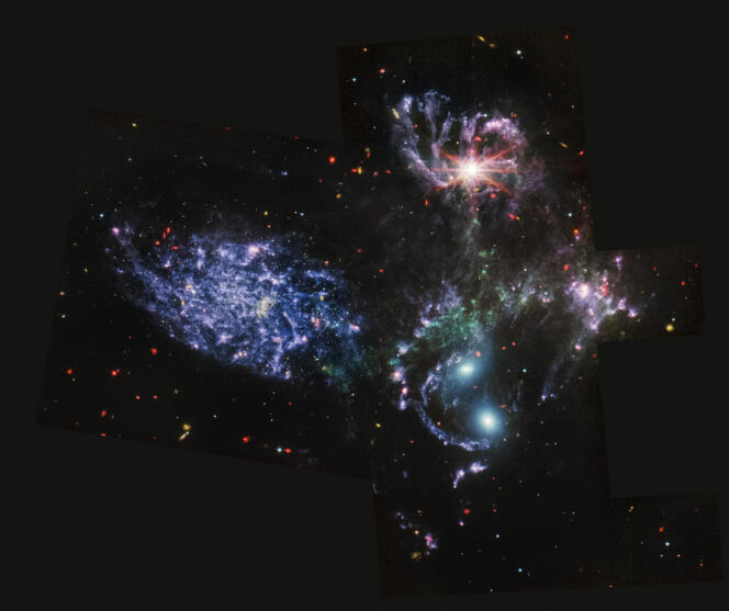Le Quintette de Stephan, un groupe de cinq galaxies, vu par le télescope James-Webb.