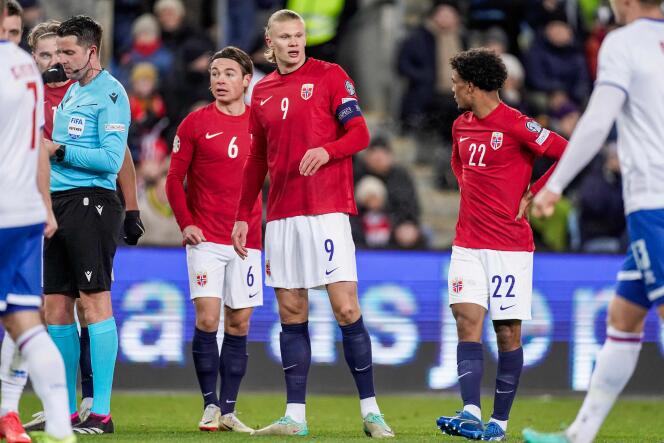 Norway's Erling Haaland (centre) during a friendly match against the Faroe Islands on November 16, 2023.