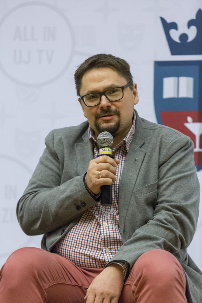 Tomasz Terlikowski lors d’un débat à l’Auditorium Maximus de Cracovie (Pologne), le 28 février 2018. 
