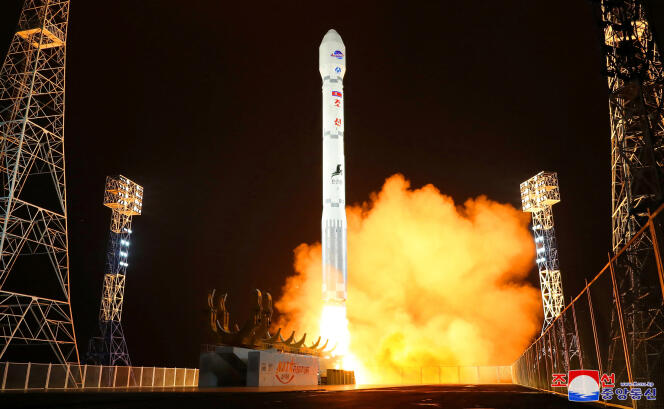 A rocket carrying a spy satellite Malligyong-1 is launched, as North Korean government claims, in a location given as North Gyeongsang Province, North Korea in this handout picture obtained by Reuters on November 21, 2023.