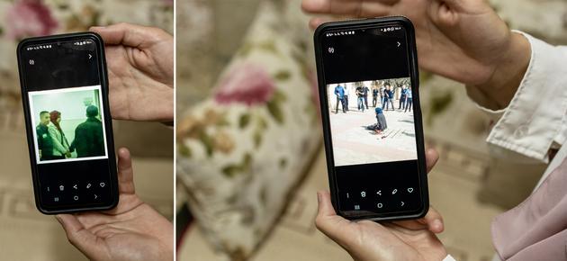 Marah Bakir's mother shows a photo of the moment of her daughter's conviction, and another of the moment when, at the age of 15, she was shot in the arm after attempting to attack Israelis with a knife. In Beit Hanina, Israel, on November 22, 2023.