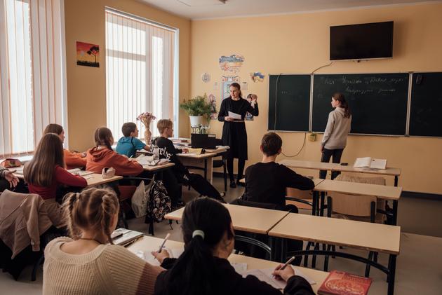 In a classroom at Bucha School Number 3, November 20, 2023. Russian troops lived in the school during the occupation of the city in March 2022.
