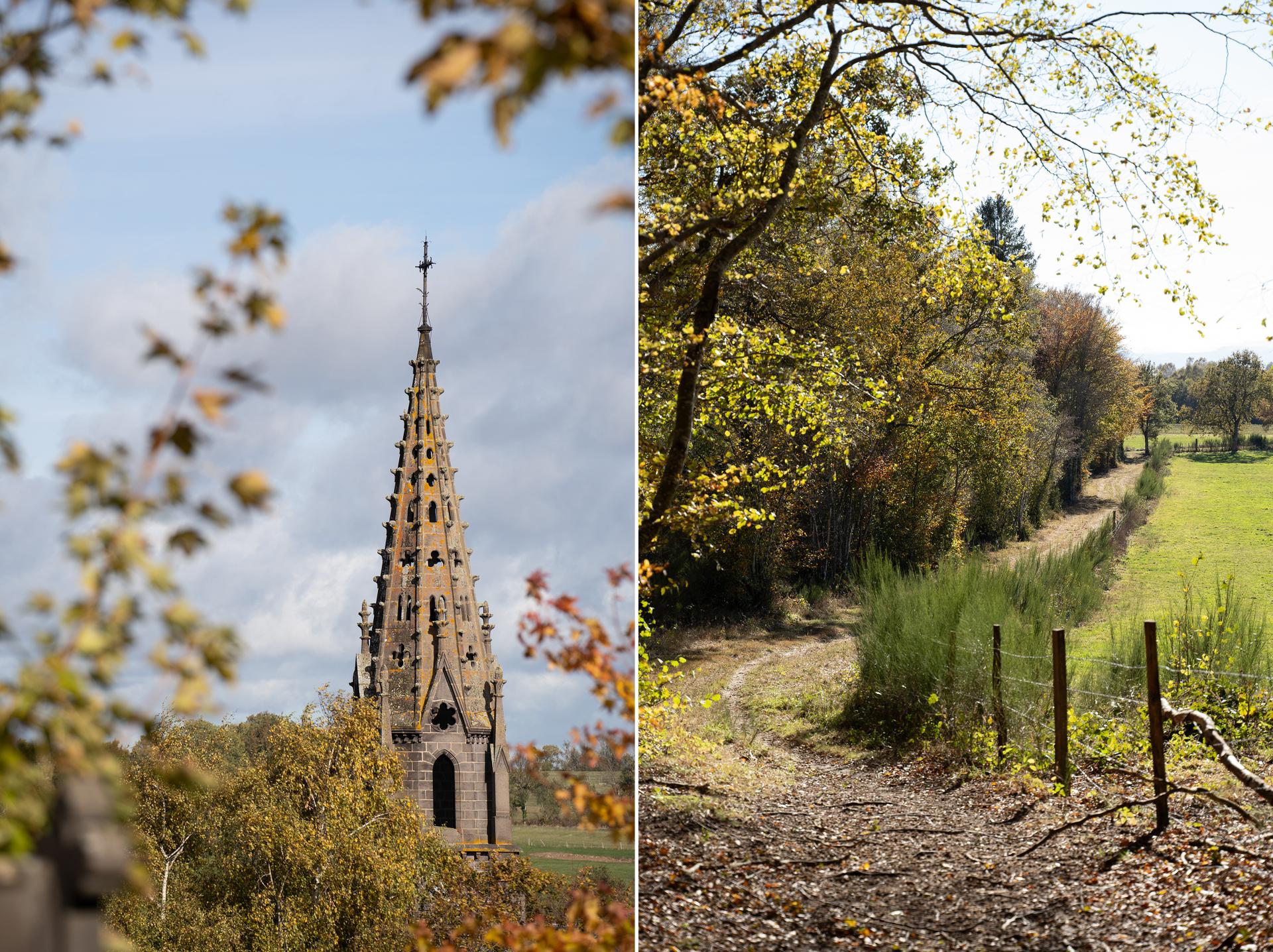 Left: The Volvic stone steeple of Loubeyrat church, 6 kilometers from Châtel-Guyon, in the Combrailles region, north of the Auvergne Volcanoes Regional Nature Park. Right: Discovering the Puy de Louchadière, on the edge of Combrailles, from the village of Beauregard, November 8, 2023.