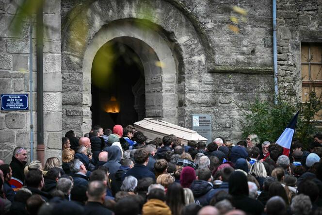   At the funeral of Thomas, a teenager killed on November 19, 2023, during a village ball in Crépol (Drôme).  In Crépol, November 24, 2023.
