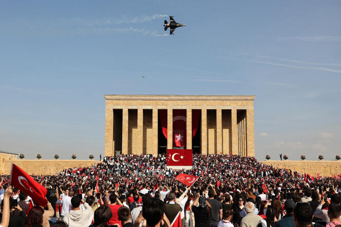 A Turkish Air Force F-16 flies over the mausoleum of Mustafa Kemal Ataturk, during celebrations for the 100th anniversary of the Republic of Turkey in Ankara, October 29, 2023.