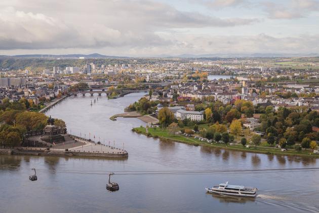 The Deutsches Eck in Koblenz, a promontory at the confluence of the Rhine and Moselle rivers, is a place of remembrance dedicated to the country's unity.