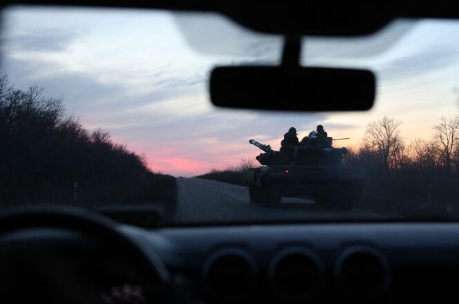A Ukrainian tank on the road outside Avdiivka, Donetsk region, on November 13, 2023.