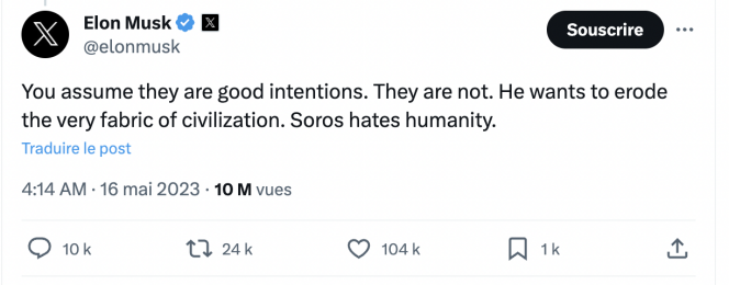 Capture d’écran du post dans lequel Elon Musk, le 16 mai, assurait que George Soros « hait l’humanité ».