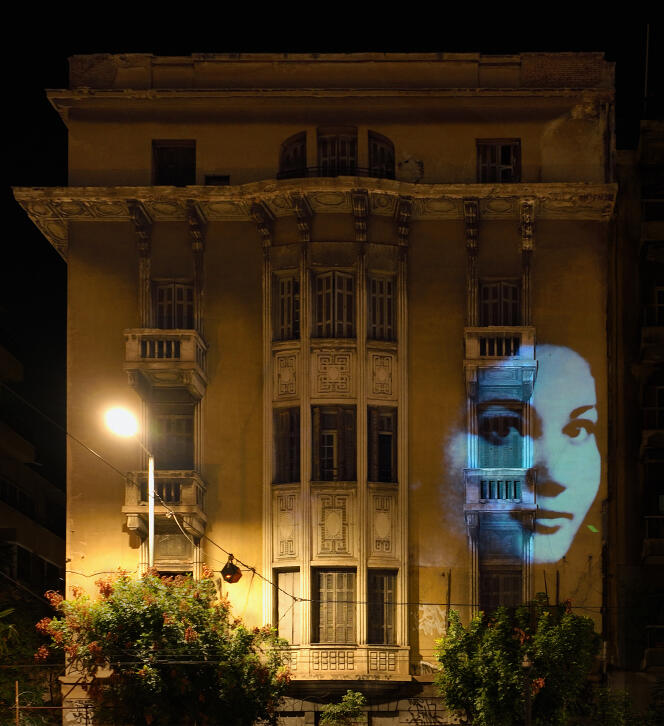 The portrait of Maria Callas on the facade of the house she occupied from 1940 to 1945 with her mother and sister, at 61 Patission Street, Athens, in 2023.