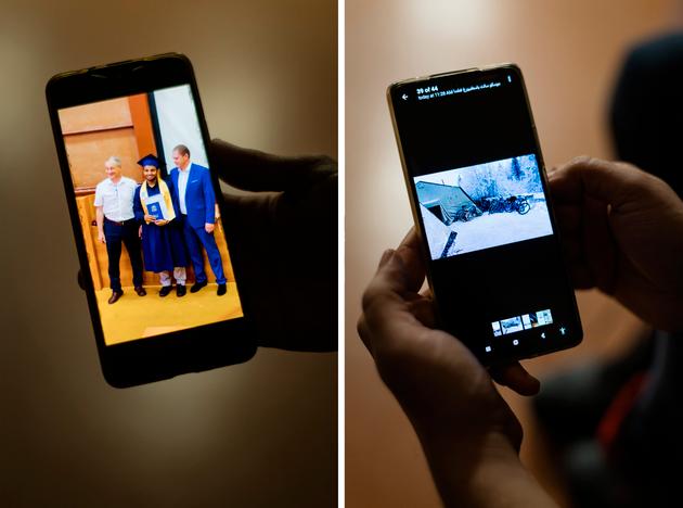 In Saleh Almeri's phone, on the left, a photo of his graduation ceremony in Russia. On the right, the bicycles needed to enter Finland, as people on foot were not allowed to cross. At the Joutseno reception center in the hamlet of Konnunsuo, near Lappeenranta, Finland, November 29, 2023.