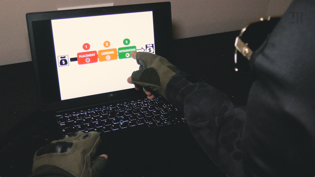 A drug trafficker in Culiacan, Mexico, shows on screen a money-laundering scheme generated by fentanyl earnings. Image taken from the "Narco Business" video series.