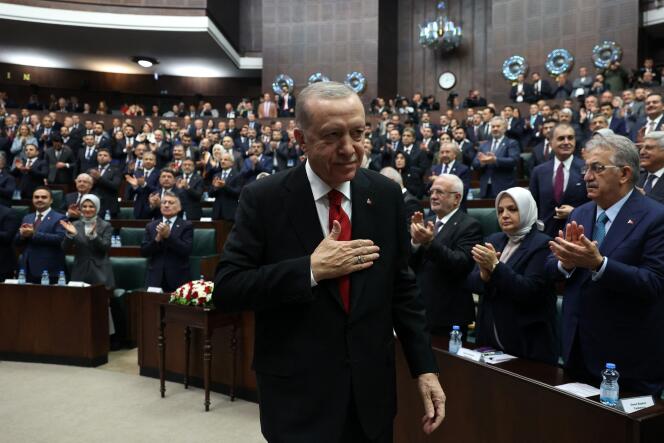 Turkish President Recep Tayyip Erdogan during a meeting of the AKP (Justice and Development Party) at the Turkish Grand National Assembly in Ankara, November 29, 2023.