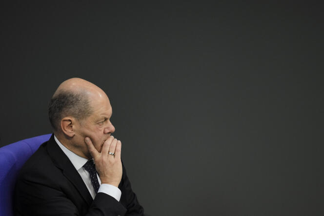 German Chancellor Olaf Scholz in the Bundestag during a budget debate in Berlin on November 28, 2023.