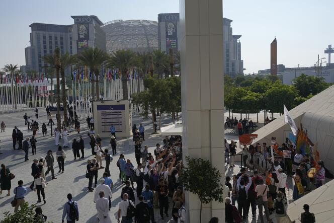 Demonstration at the COP28 summit, near the Al Wasl dome, Dubai (United Arab Emirates), December 5, 2023.