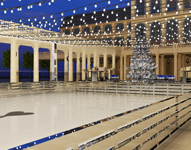 Imagen en 3D de la pista de hielo AMI en el Palais Royal, que se abrirá al público a partir del 16 de diciembre.