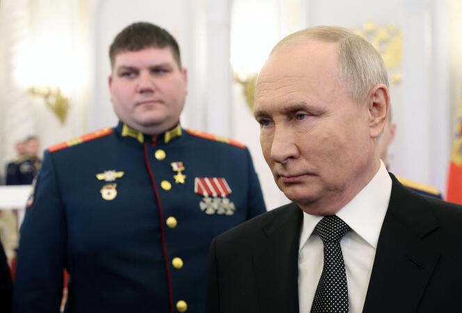 De Russische president Vladimir Poetin tijdens een ceremonie in het Kremlin in Moskou op 8 december 2023.