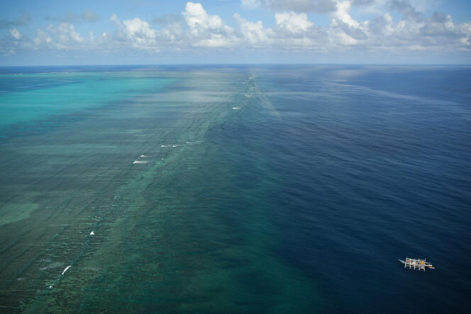 Un barco pesquero filipino (abajo a la derecha) cerca de Scarborough Reef, septiembre de 2023.
