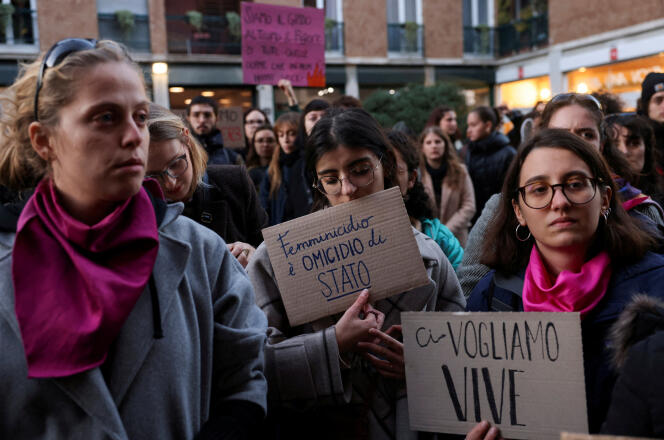 Students hold banners reading “Femicide is state murder” and “We want ourselves alive” during a demonstration against femicide and violence against women, in Milan, Italy, on 22 November 2023, following the murder of Giulia Cecchettin, 