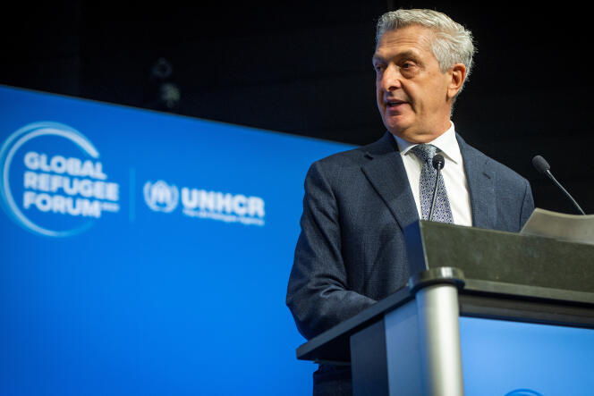 Filippo Grandi, haut-commissaire des Nations unies pour les réfugiés, s’adresse à l’assemblée le jour de l’ouverture du Forum mondial sur les réfugiés, à Genève, le 13 décembre 2023. 