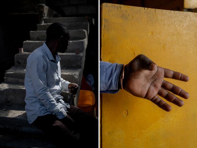On the left, Luanda (name changed), 39, belongs to the APCLS armed group, a member of the wazalendo coalition. In a bar in Goma, November 29, 2023. On the right, the thumb-wounded hand of Tsongo Bakume (name changed), 26, a member of the Mai-Mai Mazembe armed group, in a bar in Goma, November 28, 2023.
