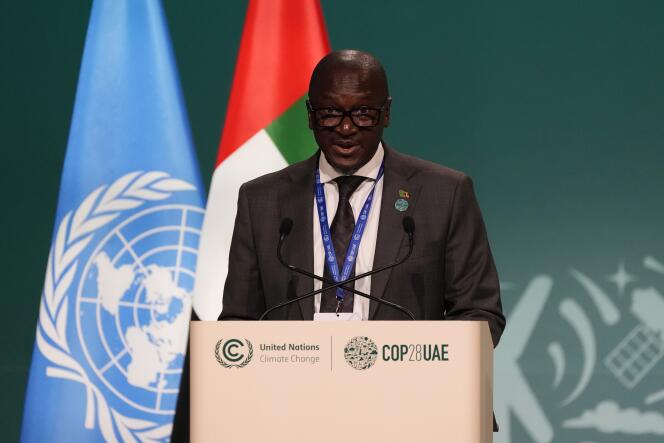 Collins Nzovu, ministre de l’économie verte de Zambie et porte-parole du groupe africain, lors d’une session plénière de la COP28, à Dubaï (Emirats arabes unis), le 9 décembre 2023.
