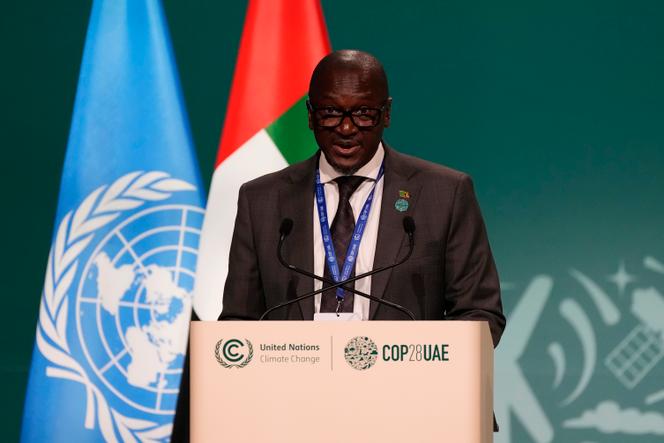 Collins Nzovu, ministre de l’économie verte de Zambie et porte-parole du groupe africain, lors d’une session plénière de la COP28, à Dubaï (Emirats arabes unis), le 9 décembre 2023.