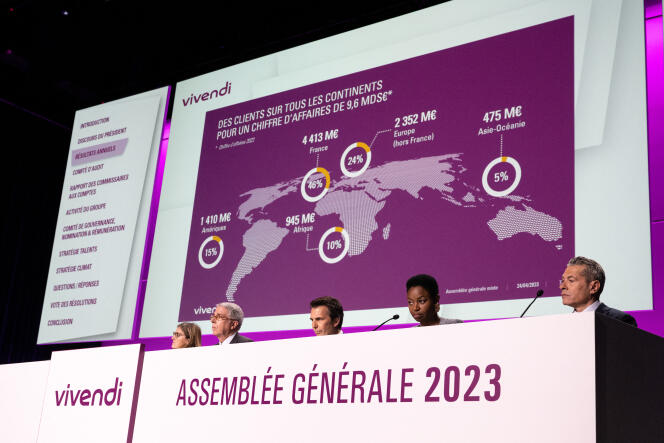 Arnaud de Puyfontaine, président du directoire de Vivendi, et Yannick Bolloré, président du conseil de surveillance, lors de l’assemblée générale du groupe, à Paris, le 24 avril 2023. 