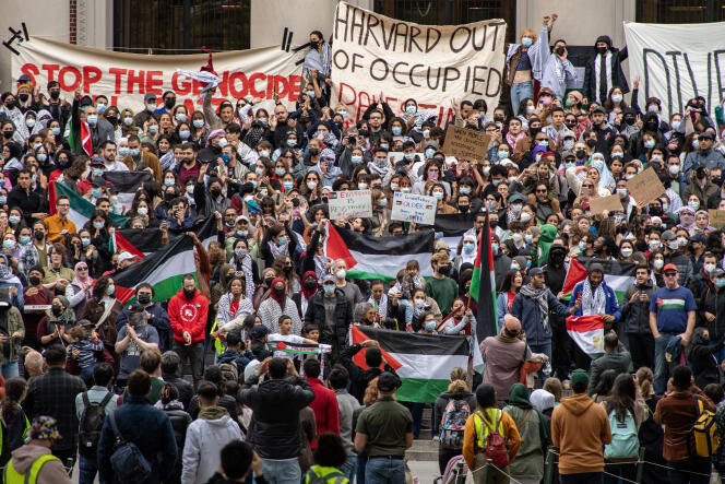 A l’université de Harvard lors d’un rassemblement en soutien à la Palestine, à Cambridge (Massachusetts), le 14 octobre 2023. 
