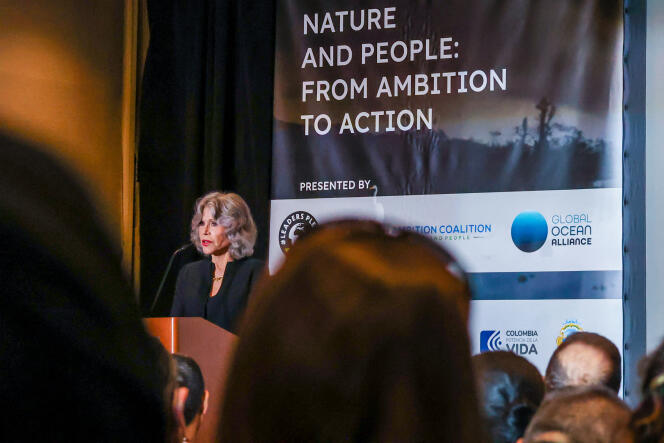 L’actrice américaine Jane Fonda s’exprime lors d’un événement du WWF, « Nature et personnes : ambition d’action », en marge de la 78ᵉ Assemblée générale de l’ONU, à New York, le 19 septembre 2023.
