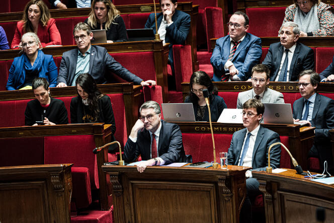Florent Boudier, Renaissance deputy in Gironde and Sacha Houllier, Renaissance deputy in Vienna and President of the Committee on Law, first in the National Assembly, Paris, December 19, 2023.