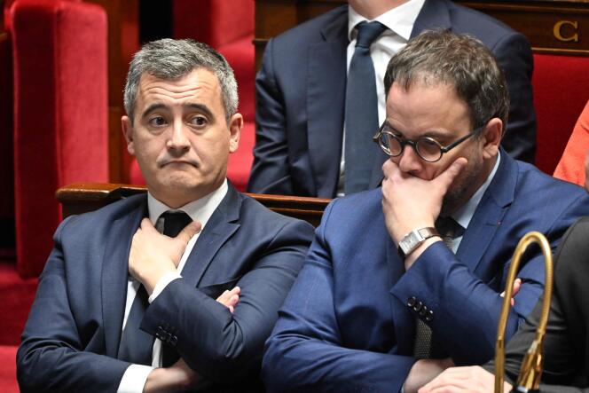 Interior Minister Gérald Darmanin and French Health Minister Aurelien Rousseau attend questions to the government at the National Assembly on December 12, 2023 in Paris.
