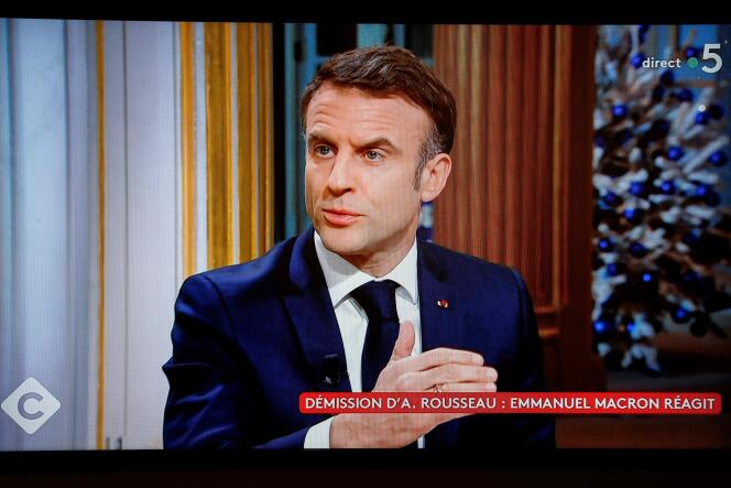 Emmanuel Macron speaks during an interview on a television show 