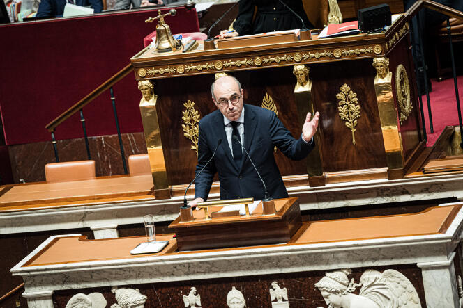 Olivier Marlaix, president of the LR Group, speaks on the podium of the National Assembly on December 19, 2023. 
